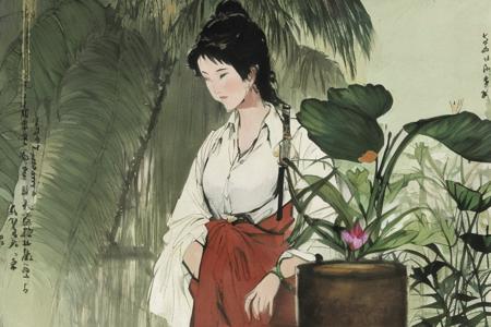 1girl, bamboo, bangs, bicycle, bodysuit, bottle, branch, breasts, brown_eyes, brown_hair, cactus, cleavage, clothes_writing, collarbone, eyebrows_visible_through_hair, falling_leaves, fingerless_gloves, flower, flower_pot, gloves, grass, hair_between_eyes, holding_bottle, ivy, jungle, leaf, leaf_background, leaves_in_wind, lily_\(flower\), lily_of_the_valley, long_hair, looking_at_viewer, medium_breasts, morning_glory, palm_leaf, palm_tree, parted_lips, plant, potted_plant, shirt, sidelocks, solo, spring_onion, sweat, tanabata, tanzaku, tree, tulip, vegetable, vines, water_bottle, watering_can <lora:Bai_Bohua-000012:1>