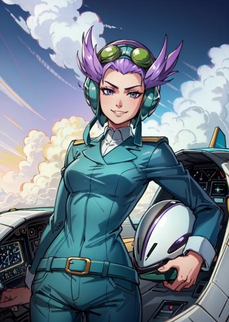 masterpiece, ultra high quality cg, best quality, winona, helmet, goggles, uniform, green pants, flying a plane, cockpit, smirk <lora:winona-nvwls-v2-000014:0.7>