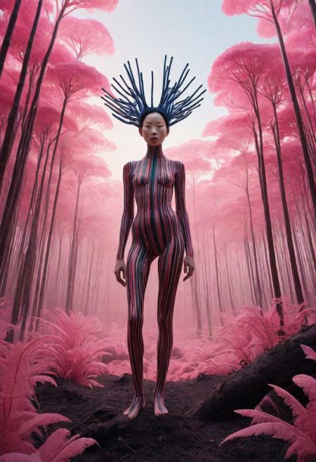 A surrealistic fusion of Reuben Wu's ethereal landscapes with Nick Knight's hyper-realistic models. A Synthetic forest of barcode trees, where creatures with Taro Okamoto's biomechanical limbs frolic and play. The sun sets in vibrant, electric hues, casting long, synthetic shadows that distort the Sharp Focus images of the models. In the distance, a satellite hovers, projecting old school designs onto the landscape, OverallDetail