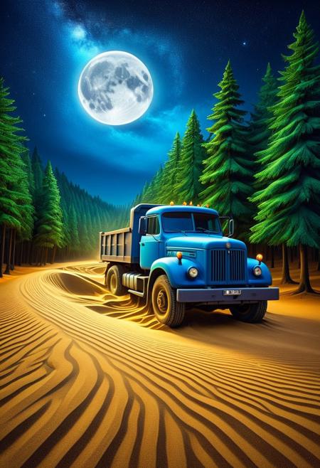 vibrant colors, shiny_skin, prefect lighting, detailed image, snoozing, masterpiece, best quality, highly detailed, ultra quality, 
sandswirl, swirling sand, 
Landscape, forest, tree, truck, On the road, 
Night, moon,  
<lora:add-detail-xl:0.9>,