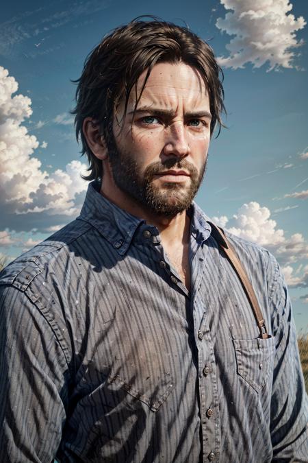 ArthurRDR, 1boy, solo, male focus, realistic, facial hair, brown hair, shirt, sky, striped, beard, cloud, striped shirt, looking at viewer, day
<lora:epi_noiseoffset2:1>,  <lora:ArthurRDR:0.7>