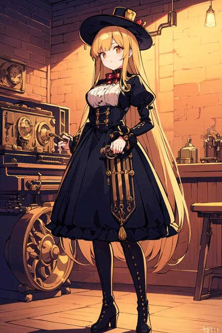 masterpiece, (best quality), (ultra-detailed:1.25), original character, solo focus, steampunk background, a young girl standing in the center wearing a vintage steampunk outfit, consisting of a long victorian-era dress with high-collar and puffed sleeves, black boots with brass buckles, and a wide-brimmed hat with goggles and feathers, holding a brass mechanical device in her hand, standing in front of a wall of cogs and gears, (metal pipes and valves running along the walls: 1.1), (a retro-futuristic control panel or machine nearby: 1.15), (a spotlight or lamp illuminating the girl: 1.25), (a steam-powered engine or generator in the distance: 1.3)