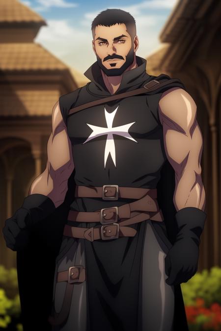 Mizrak, 1boy, solo, portrait, standing, tall, male, human, looking at viewer, beard, thick eyebrows, ember eyes, orange eyes, broad shoulders, very short hair, armor, templar armor, belt, black cloak, black vest, sleeveless, black cape, black gloves, gloves, pants, outside, blurry background, detailed, masterpiece, anatomically correct,