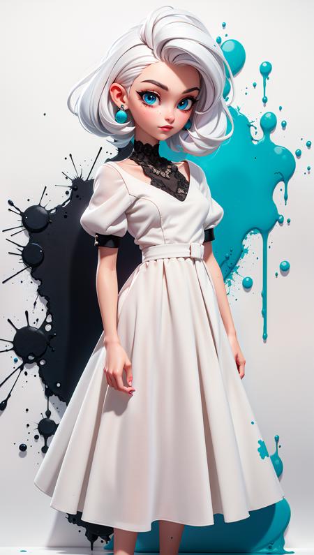 a woman with white hair and blue eyes is in a white dress with a black background and a splash of paint,