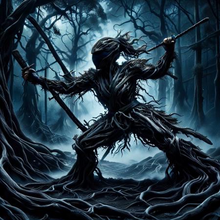 lazympos, character focus, depth of field, hyperrealistic, masterpiece, intrincate details, morph-treeroots,
a female ninja made out of tree roots, ebony roots, black theme, mist, pitch black night, stealth