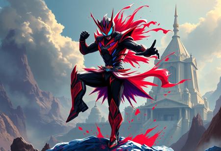 A vibrant and energetic digital illustration in a dynamic fantasy style depicting the Fiendish Rhino Warrior from Kamen Rider in a dynamic action pose, balanced precariously on one leg with the other bent at the knee. The figure explodes with stunning, harmonious, multi colored shades of red and blue, accentuated by sharp, graphic black lines and accents. The black helmet is stylized with bold red and blue accents. The background is the Temple of the Mind's Eye, rendered as a beautiful matte painting with contemporary aesthetics, serving as an attractive background that makes the figure pop. The style incorporates Sharp Lines and Brush Strokes with handcrafted precision. Captivating Lighting enhances the form and pose. The overall image feels like a splash ink illustration with a Grammer Effect Style, inspired by the bold forms of Raphael Style and the complex energy of Houdini Style. This is High Quality, 4K, Exceptional Quality, More Detail, with an Impeccable Composition from a Creative Angle. It aims for Vivid Emotions and a Powerful Message, delivering Joyful Impact. Trending on CGSociety and ArtstationHQ. Utilizing the Golden Ratio.