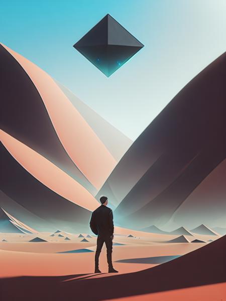 <lora:ChristopherBalaskas:1>a man standing in the middle of a desert with a giant black object in the background by Christopher Balaskas