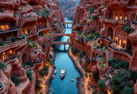 This is a photograph of city carved into the walls of a narrow red rock river valley.  The river has many tributaries, and meanders in many directions.  There are railed balconies and windows in the cliffs and several bridges that span the river at different heights.  There are boats and docks in the rivers, roads and doors along the shoreline, and an elevated freeway that runs in and out of various tunnels.  It is night and lights can be seen in windows, along roads, from cars, and on boats.  There are many desert plants and succulents on every ledge.  The buildings are ornate.  There is foliage everywhere.
