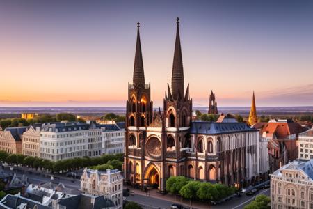 wide angle aerial view, dvArchGothic and dvArchVictorian style buildings, professional architecture photography, 16mm, f8, portrait, photo realistic, hyperrealistic, orante, super detailed, intricate, dramatic,dramatic sunset lighting, shadows, low contrast, desaturated