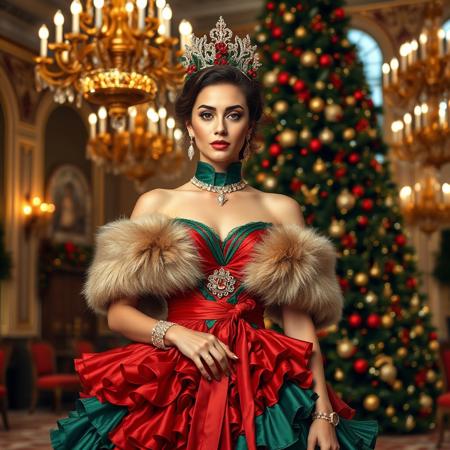 A luxurious Victorian-inspired Christmas gown with a high-collared neckline and opulent gold accents. The dress features layers of ruffled fabric in emerald green and crimson, with a sash tied at the waist. A fur-trimmed shawl drapes over the shoulders, and the model wears a glittering tiara adorned with holly berries. The background is a grand ballroom decorated with a towering Christmas tree and golden chandeliers. Keywords: Victorian, ruffled, high-collared, fur-trimmed, sash, tiara, holly, opulent