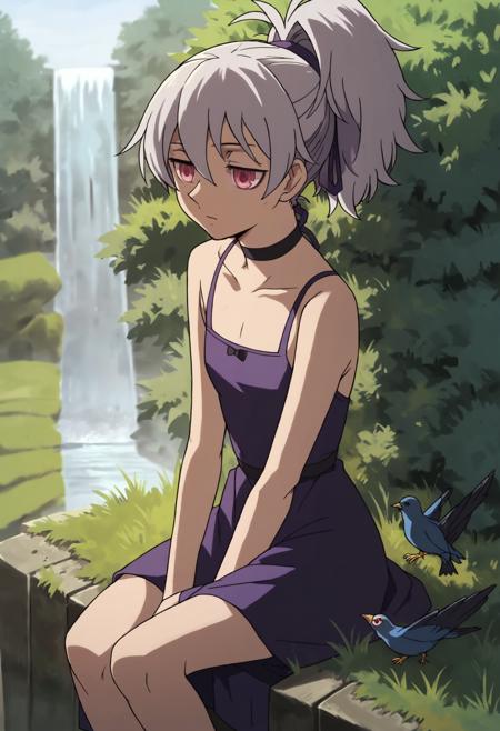 Yin_DDB pink eyes ribbon purple dress black and purple dress ponytail silver hair