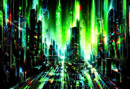 masterpiece, best quality, cinematic lighting, hyper-detailed, surreal composition, intricate architecture. A sprawling futuristic city rendered entirely in luminous green binary code, skyscrapers shaped from cascading numbers, grids, and symbols. The skyline is endless, stretching into digital horizons, with tall towers flickering as if they are made of streams of data. The atmosphere glows in neon green, dense with virtual fog and data particles. The streets below are woven with circuits and pulsing light streams. Mood: dystopian yet mesmerizing, the architecture looks both virtual and monumental. Camera angle: wide shot, aerial perspective showcasing the full expanse of the coded city.