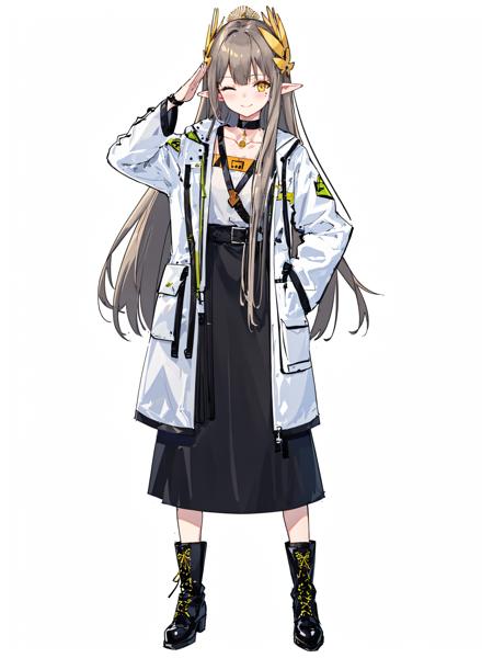 masterpiece, best quality, 
1girl,
1girl, solo, long hair, pointy ears, one eye closed, white background, simple background, full body, coat, skirt, long sleeves, boots, black footwear, open clothes, open coat, very long hair, black skirt, white coat, looking at viewer, choker, smile, yellow eyes, closed mouth, standing, bangs, black choker, salute, shirt, hair ornament, mole, mole under eye, jacket, grey coat, blush, sidelocks, collarbone, brown hair, long skirt, hand on hip, black hair
 <lora:Muelsyse_v1.1-000006:1:CHARACTER> <lora:animeScreenshotLikeStyleMixLora_v10:0.7:BACKGROUND>