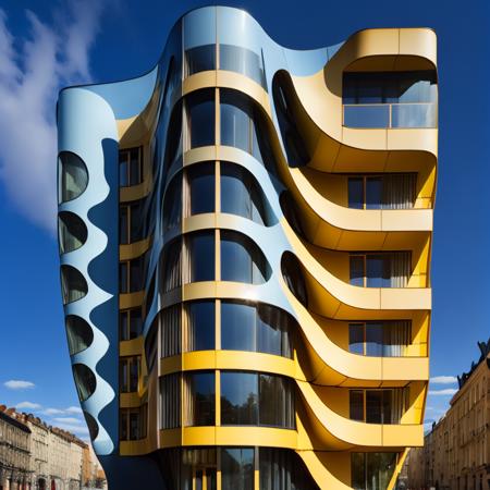 a photo of a modern building with the yellow facade in folds in the style midjor, epic sky, <lora:theovercomer8sContrastFix_sd15:0.5>   <lora:Midjor_Style_V1:1>