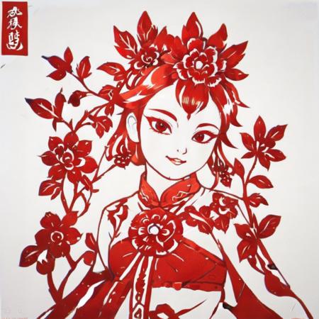 The image is of a traditional Chinese paper-cut art piece in red and white. The artwork centrally features a woman who is depicted with a strikingly intricate hairstyle, filled with flower patterns. Her facial features are detailed with large, bright eyes and a sweet smiling expression. The woman's outfit also includes elaborate patterns, with the red hue offering a stark, vibrant contrast against the white background. On the artwork, <lora:cn_paper_cut:0.75>, <lora:Yae_Miko_xl:0.65> (\ba chong shen zi\)