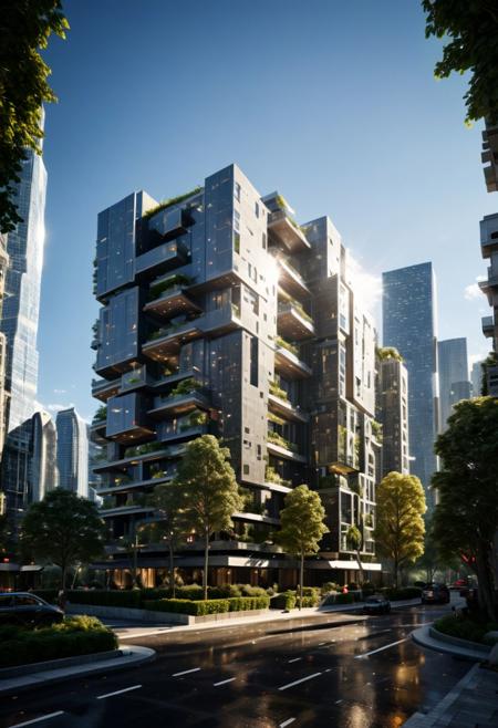 (((Modern style architecture, housing, luxury residence))),
outdoors, sky, tree, blue sky, no humans, ground vehicle, building, scenery, reflection, city, cityscape, bare tree, skyscraper, real world location,
(Large Files, Ultra Realistic, 8K, 16k, FHD, HD, VFX, Perfect, Photography, composition, Architecture Sales Photography, Architecture Competition, Ultra High Resolution, Cinematography, High Resolution Image:1.1), (dramatic lighting, direct sunlight, ray tracing, clear shadow:1.2), (real landscape:1.1), (blurred background:1.0), (urban background, more_details)  
(avant-garde, future, reality, science fiction, photorealistic), (modern architecture:1.2), White limestone with black granite, fountain, waterfall, landmark, square, path, narrow street,
(Large Files, Ultra Realistic, 8K, 16k, FHD, HD, VFX, Perfect, Photography, composition, Architecture Sales Photography, Architecture Competition, Ultra High Resolution, Cinematography, High Resolution Image:1.1), (dramatic lighting, direct sunlight, ray tracing, clear shadow:1.2),  (real landscape:1.1), (blurred background:1.0), (urban background, more_details) ,
great lighting, extremely detailed, clear, SteamPunk, futuresurban