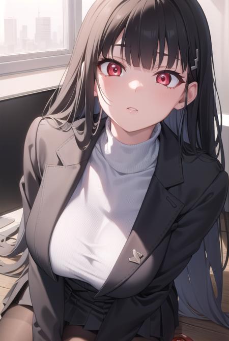 rio, black hair, (red eyes:1.5), hair ornament, hairclip, halo, long hair, black footwear, black jacket, black pantyhose, black skirt, buttoned cuffs, high heels, jacket, long sleeves, office lady, pantyhose, ribbed sweater, skirt, sweater, thigh strap, turtleneck, turtleneck sweater, white sweater,