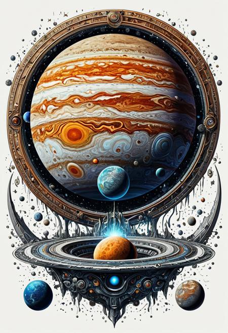 Finely detailed vector illustration, jupiter and its moons, ultra realistic quality, circle symbol, white background, hyperdetailed, intricately detailed,  triadic colors,fantastical,intricate detail,splash screen,complementary colors, fantasy concept art, 8k resolution, masterpiece, retro futuristic computer graphics, crtv,
