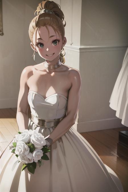 marle, wedding dress, bouquet, smile <lora:marle-000020:0.8>