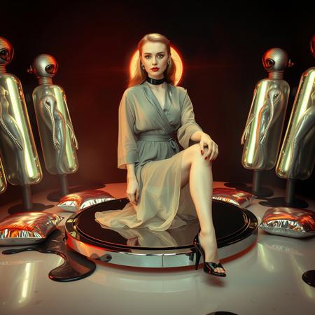 tall slender  elegant slavic lady in  vintage sheer dressing robe and   high heels, sits   at   floating  mirror disk, surrounded by   foil pillows,  floor covered by black  slime,  alien stasic tubes with encased beauties at background, sci-fi, scifi, mind control,  slave collar, steel, foil, fog,   hypno,  romance, poison, lipstick,  long hair, heavy makeup,   1950s hairstyle, red nails,   long hair, green eyes,  sharp cheekbones, ultra thin waist , mysterious,  alien spaceship,   space, radiating, laser, dramatic lighting, ral-alufoil