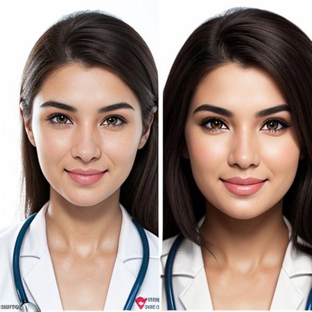 (medium shot), 1girl, (cheek_heart:1.4), smiling, beautiful pakistani female doctor in (labcoat over scrubs),  beautiful detailed face, brown hair, pale skin, realistic skin, detailed cloth texture, detailed hair texture, Perfect proportion, Beautiful Face, accurate, Anatomically correct, Highly detailed face and skin texture , looking at viewer , modern hospital ward, photorealistic , masterpiece, best quality , isolated white background