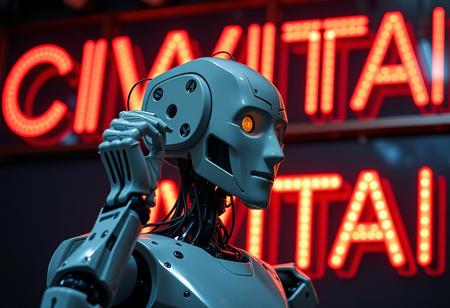 A robot with dice for its body parts repairs the wiring in its own head, A large neon sign behind it flashes "CIVITAI", some of the letters are dimmer than others.