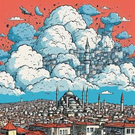 Chaotic stunning istanbul city, skyline, illustrated by hergé, style of tin tin comics, pen and ink. vintage 90's anime style, colorful clouds, symmetric,  <lora:TShirtDesignRedmondV2-Tshirtdesign-TshirtDesignAF:1> T shirt design, TshirtDesignAF
