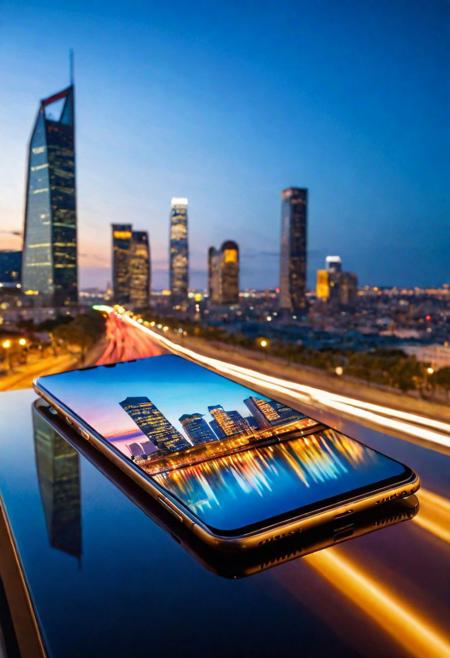 Superior quality, high-tech masterpiece, ultra-high resolution, hyper-realistic, UHD sharpness, depth of detail, smartphone, lying on a sleek glass surface, ambient urban lighting, ultra-modern design, reflective screen, next to, soft cityscape glow, backlit icons, (vivid display light:1.2), subtle shadows under the device