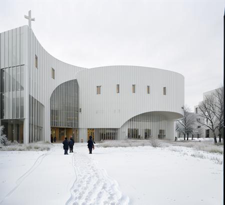 masterpiece, best quality,
curved building,white house,streamline,church,lawn,cornered tree,one people stand,daylight,winter,snow,tree bsckground,a road through,lawn on the side,with some glass,glass reflection,indoor light,<lora:public-V3-000008:0.6>