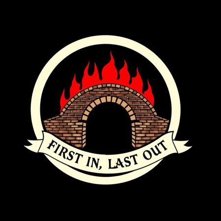 A sigil that consists of a simple arcing brick bridge with  crimson flames over it, the image pretty much fills up the white circular frame of the sigil. The circular frame consist of merely a thin, pale white circle and no embellishments whatsoever. The bottom section of the circular frame is inscribed in a banner-like eerie script with the word: FIRST IN, LAST OUT
,,black background, eerie glow, minimalistic, simple medieval art, medieval sigil, insignia, simple