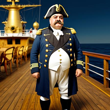 Full body in frame, from head to toe, wide angle view from side, distant camera, long shot, wide shot.Full body in frame, from head to toe, wide angle view, distant camera, long shot, wide shot.  
A fat middle-aged Turkish-German man standing confidently on the deck of a large wooden battle ship, at sea.  
He is wearing a detailed 19th century navy officer uniform with golden epaulettes, a blue coat, brass buttons, and a tricorn hat.  
Strong physical body, musclechub, burly, thick arms and legs, barrel chest.  
Masculine square face, big nose, thick eyebrows, broad chin.  Background is sea.
Realistic lighting, moonlight, 8k, photorealistic, ultra detail, clothes and body details
 <lora:Better_expressionsH:0.6> <lora:detailed_notrigger:0.7> <lora:Walrus_Mustaches:0.6>