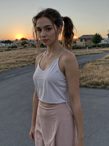 natural beauty, dressed,  photorealistic, sunset in boring suburbs
