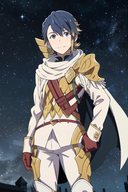 best quality, masterpeice, 1boy, alfonse \(fire emblem\), fire emblem, fire emblem heroes, blue hair, black hair, blonde hair, gradient hair, two-tone hair, short hair, hair between eyes, hair ornament, blue eyes, facing viewer, looking at viewer, happy, light smile, armor, scale armor, scarf, white scarf, pauldrons, single pauldron, gloves, leather gloves, brown gloves, pants, white pants, boots, chest strap, thigh boots, solo, solo focus, cape, outdoors, (night:1.3), (night sky:1.3), cloud, starry sky, cowboy shot, hand on hip, simple background,