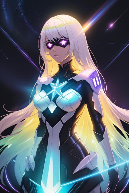 woman,long hair ,sunlight ,medium breasts, iridescent dress, glowing stars, A digital illustration, glowing stars, defraction spikes, chromatic aberration,bloom AND (glowing, holofoil:0.6),