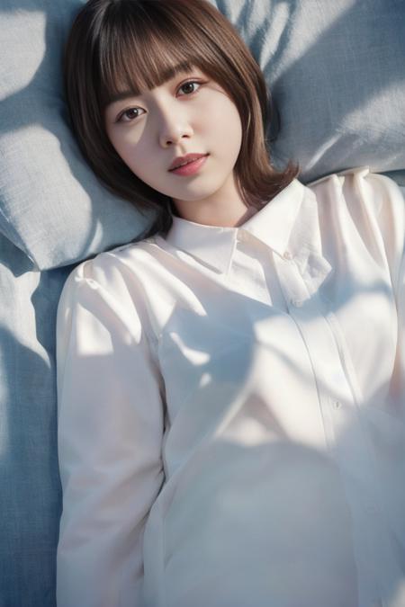 wearing oversized shirt, medium sleeves, long skirt, (yagi, thick lips:0.6), soft light, best lighting, (RAW photo, best quality), (realistic, photo-realistic:1), masterpiece, an extremely delicate and beautiful, extremely detailed, 2k wallpaper, Amazing, finely detail, extremely detailed CG unity 8k wallpaper, ultra-detailed, highres, soft light, beautiful detailed girl, detailed face, extremely detailed eyes and face, beautiful detailed nose, beautiful detailed eyes, slender body, <lora:yagi-06:1.2>, smiling, lying, lay down, laying down, on bed, full body shot, wide shot,