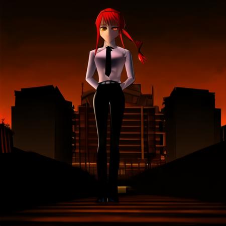 makima \(chainsaw man\), 1girl, solo, standing, red hair, long braided hair, golden eyes, bangs, medium breasts, white shirt, necktie, full body, black necktie, ((black pants)), braid, braided ponytail, collared shirt, building, red sky,