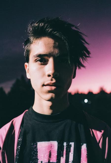 go pro photo, half body,1man, 25 y.o. , night , low andle, bright clothes 90's, grainy photo, analogue glitch effect, emo, black and pink clothes, black eyeliner