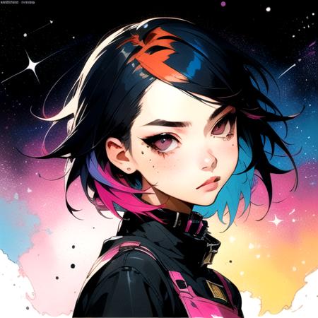 1girl, black_hair, looking_at_viewer, makeup, mole, multicolored_hair, pink_hair, portrait, solo, space, star_\(sky\), starry_sky, traditional_media by JM