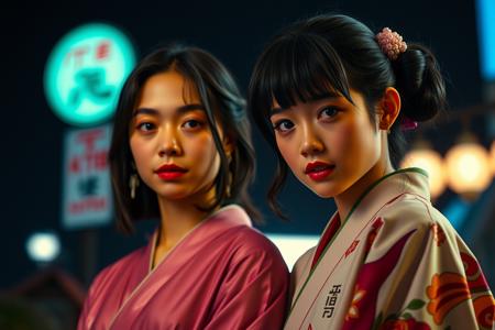 The image is a portrait of two Asian women dressed in traditional Chinese clothing. The woman on the left is wearing a white kimono with gold accents and has long black hair styled in a high bun with pink flowers in her hair. She is looking directly at the camera with a serious expression on her face. On the right is an older woman with white hair, wearing a purple traditional Chinese dress with a gold collar and cuffs. She has a flower crown on her head and is holding the hand of the younger woman. In the background, there is a painting hanging on the wall. The overall mood of the image is elegant and regal.