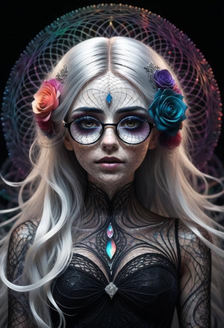 1girl, detailed face, emo makeup, very long silver hairs, hair ornament made out of fractangles, fluffy, multicolored hair, veil, black dress, glasses, holding single rose flower, diamond rose, the  contur of the petals glow eerily white, dim light, intricate details, horror theme, cementary, detailed background, tangled vines made out of fractangles,
BL4CK3STBL4CK, black_theme, matte_color, flat color, diamondMW