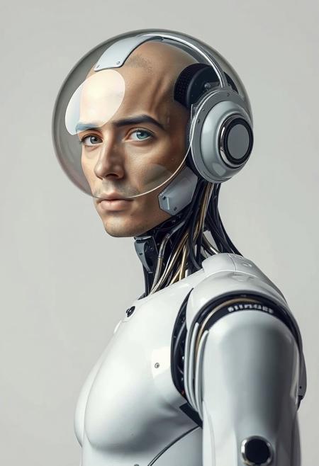photo portrait of a man stands in front of camera, body slightly turned, looks into camera, high detailed, neutral background, with tiny details of a robot (android) but more as a human, with fully glass futuristic sphere on a head, realistic photo