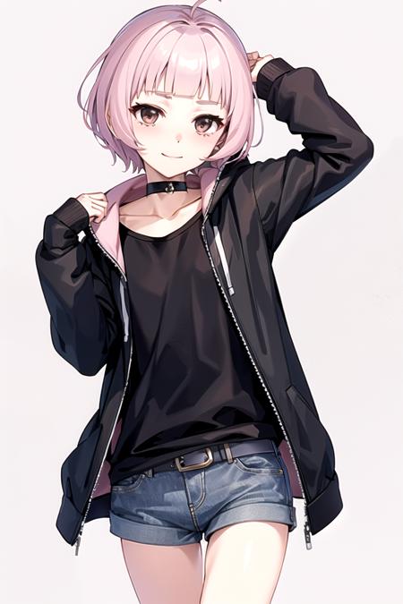 <lora:YukiPricon-07:0.8> ,yukipricon, solo, looking at viewer, blush, smile, short hair,, shirt, long sleeves, 1boy, brown eyes, closed mouth, collarbone, jacket, white shirt, pink hair, ahoge, male focus, cowboy shot, open clothes, shorts, choker, belt, hand up, hood, blunt bangs, open jacket, black jacket, short shorts, black choker, denim, otoko no ko, hooded jacket, denim shorts