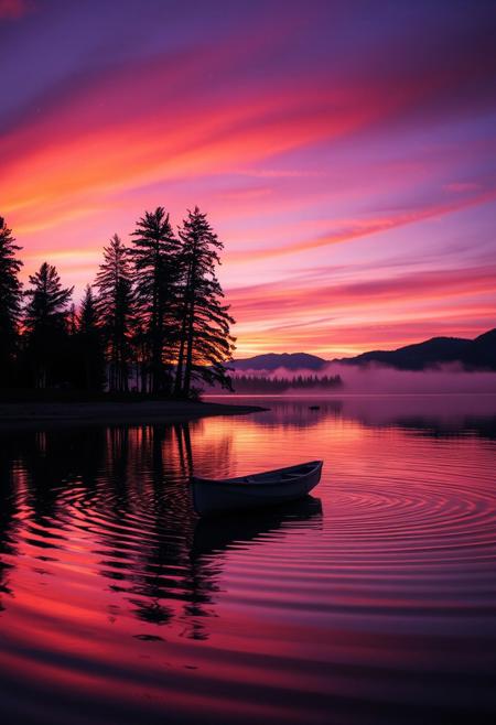 A serene lakeside scene at dusk, where the sky transitions from vibrant orange to deep purple hues. The water reflects the colors of the sky, creating a mirror-like surface. A lone rowboat gently floats on the water, surrounded by soft ripples. Tall pine trees line the shore, silhouetted against the fading light. Fireflies glow softly in the air, adding a magical touch. The atmosphere is peaceful and calm, with a gentle mist rising from the lake, blending with the distant mountains
