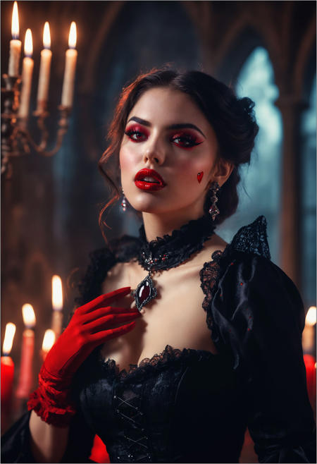 cinematic, masterful, hyper detailed, award winning photo, masterpiece, realistic photography a cute magical vampire with sensual lips in an enchanted wonderland, cleavage, textured skin, black dress, earrings, chocker, (red gloves:1.2), vampire fangs, bloody, blood drops, (vampire fangs:1.3), beautiful whimsical fantasy concept, detailed background, castle, candles, glowing particles, <lora:MJ52:0.5> <lora:add-detail-xl:1>