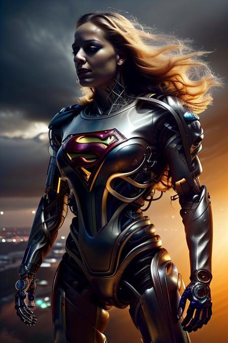 cinematic film still silverpulse, cyborg supergirl, 'S' Logo on chest, red cape, simple background, high quality, artistic, vibrant colors, detailed textures. futuristic sleek/glossy silver and blue glow, vibrant colors, detailed textures., Concept art, cyborg, background, vintage, modern, SilverPulse, superman_oc, <lora:SilverPulseMorphXL:0.8>, excellent composition, artistic, highly detail, holy, sunny, dynamic dramatic beautiful full taking . shallow depth of field, vignette, highly detailed, high budget, bokeh, cinemascope, moody, epic, gorgeous, film grain, grainy,