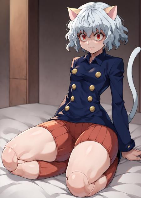 hxhpitou white hair, short hair, wavy hair cat ears, cat tail long sleeves, blue shirt, brown shorts, socks, shoes smile, :3