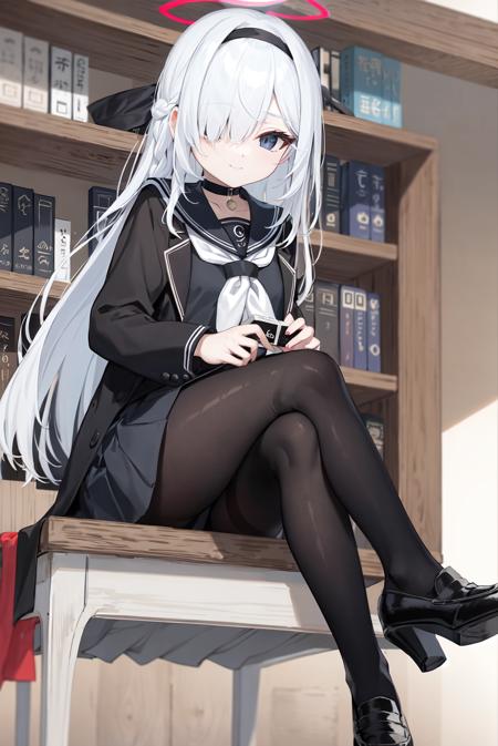 masterpiece,best quality,ultra-detailed, ray tracing,perfect lighting,1girl,  <lora:aronablack-000010:0.75>,arona,halo,white hair,black headband,hair over one eye,bangs,black_choker, black_footwear, black_legwear, black_sailor_collar, black_skirt, choker,black_sailor_collar, black_skirt, choker, closed_mouth,hair_ribbon, hairband, jacket, letterboxed, loafers, long_hair, long_sleeves, looking_at_viewer, neckerchief, open_clothes,pleated_skirt, ribbon, sailor_collar, school_uniform, serafuku, shirt,solo, pantyhose,looking_at_viewer,sitting,bookshelf, braid,desk, feet, hair rings, hairband,crossed legs,(black high heels),from below,