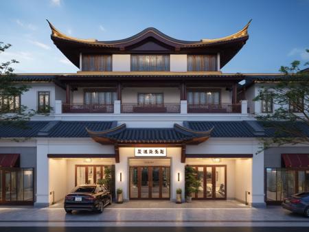 Architectural style Architectural style,   <lora:JJsChineseStyleHouse_XL:1>, ((Chinese Style House)),(masterpiece) , ((best quality)), dramatic lighting, high quality outdoors, sky, day, cloud, tree, blue sky, building, scenery, road, real world location,  sunlight, enough detail, high resolution,super realistic, Photorealistic, highly detailed, balcony, plants, door, car, truck, parking slot, paving, . Clean lines, architectural drawing, highly detailed  , . Clean lines, geometric shapes, minimalist, modern, architectural drawing, highly detailed