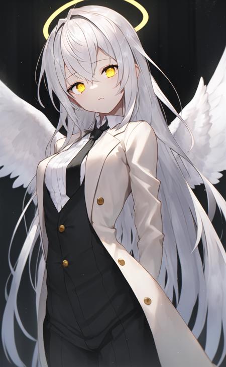 (masterpiece, best quality:1.3), (ultra-detailed:1.3), 1girl, solo, (white hair, messy hair, long hair), (angel wings, angel halo), flat chest, yellow eyes, (white shirt, black necktie, black coat, open coat), cowboy shot, cinematic lighting, (((glowing light particles))), (arms behind back), dynamic angle,