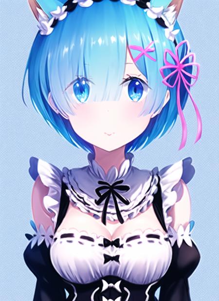 <lora:konekomari2-000035:1>, rem (re zero), re zero kara hajimeru isekai seikatsu, koneko mari, 1girl, animal ear fluff, animal ears, bangs, blue eyes, blue hair, blush, dress, female focus, hair between eyes, hair ornament, hairpin, kemonomimi mode, looking at viewer, maid, maid headdress, matching hair eyes, medium hair, signature, simple background, solo, upper body, white background